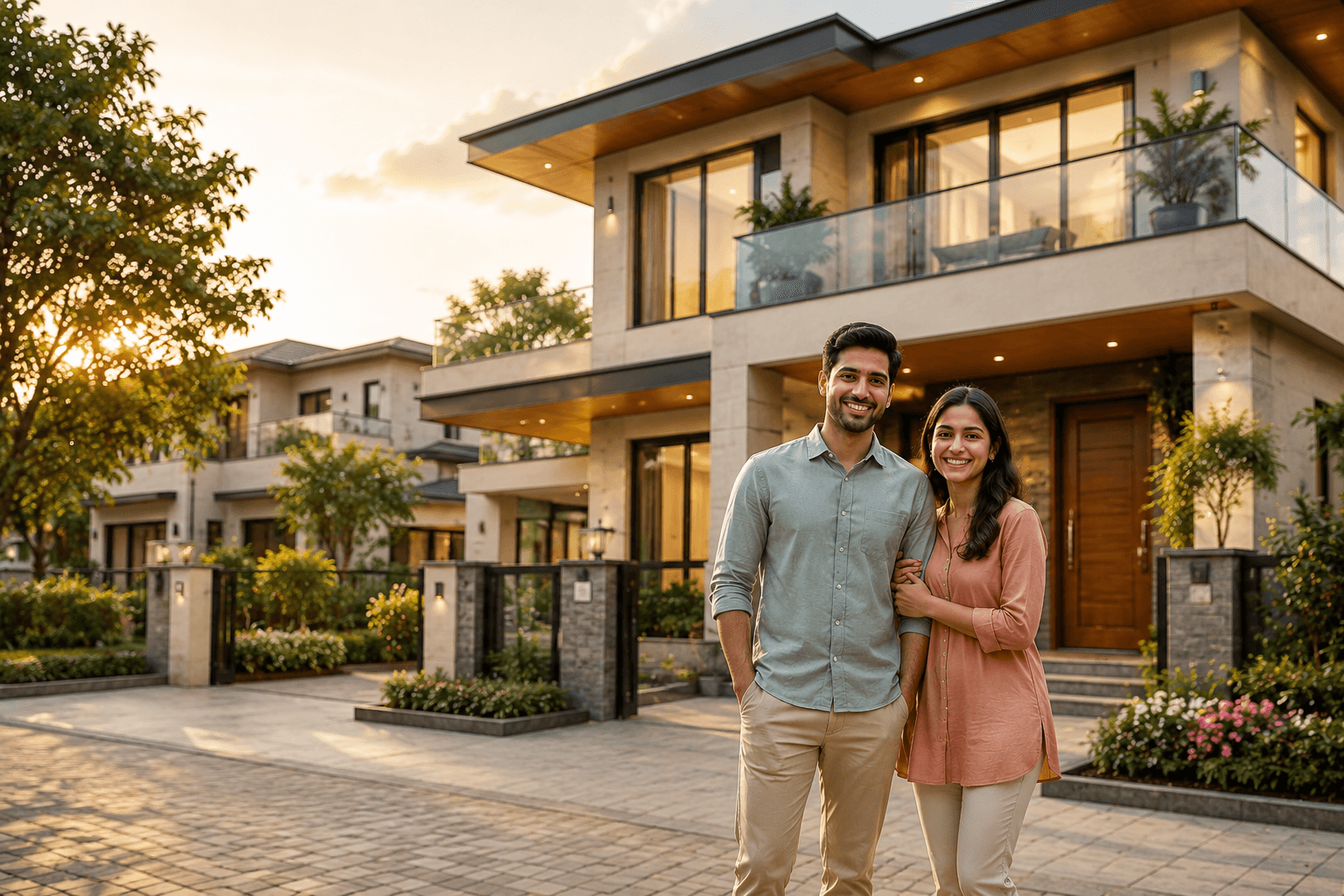 A couple standing in front of their home